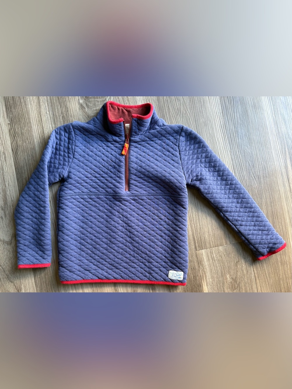 J. Crew Quilted Half-Zip Puff Jacket in Navy with Red Trim